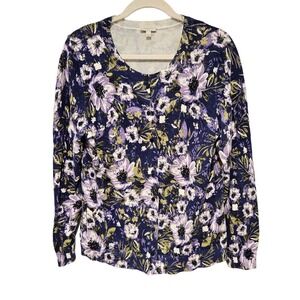 Talbots Woman Size L Floral 100% Cotton Cardigan Colorful Art To Wear Cottagecor
